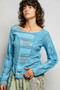 POL Round Neck Long Sleeve Exposed Seam Top with Lace Detail