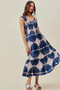 SO ME Abstract Print Smocked Bodice Tiered Lined Midi Dress