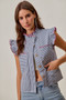 SO ME Stripe Twill Stitch Ruffled Hidden Button Vest Top