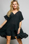 POL Ruffle Shirred V-Neck Short Sleeve Cotton Dress