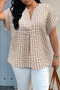 Plus Size V Neck Textured Plaid Patchwork Blouse 