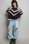 POL Round Neck Half Sleeve Contrast Floral Lace Oversized Knit Top