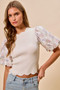SO ME Floral Cotton Contrast Sleeves Scallop Sweater Top
