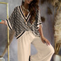 Women'S Casualprint V-Neck Loose Top + Elastic Waist Wide Leg Pants Set