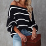 Women'S Autumn And Winter Off Shoulder Striped Knitting Shirt Sexy Lantern Sleeve Sweater