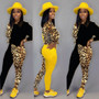 Women Casual Leopard Print Contrast Long Sleeve Top+ Pants Two-Piece Set