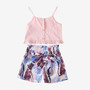 Summer girls suit children's solid color suspender top striped print lace-up shorts two-piece summer