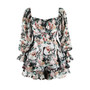 Women Floral Print Square Neck Long Sleeve Ruffle Shorts Jumpsuit