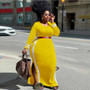 Boutique Spring Autumn Solid Striped Patchwork Long Dress Round Neck Long Sleeve Slit Plus Size Dress