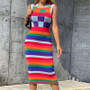 Women Fall Sleeveless Contrast Plaid Bodycon Knitting Dress