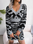 Autumn Winter Fashion Tiger Print Lantern Sleeve Slim Waist Sweater Dress