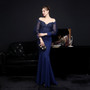 Women Elegant Lace Off Shoulder Mesh Long Sleeve Trail Evening Dress