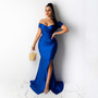 Women Short Sleeve French Sexy V-Neck Evening Dress solid Split Long Dress