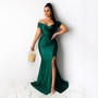 Women Short Sleeve French Sexy V-Neck Evening Dress solid Split Long Dress