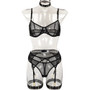 Women Sexy Mesh Patchwork Lingerie Set with Neck and Leg Rings