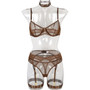 Women Sexy Mesh Patchwork Lingerie Set with Neck and Leg Rings