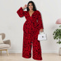 Plus Size Women'S Print Long Sleeve Wrap Wide Leg Jumpsuit