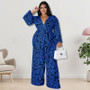 Plus Size Women'S Print Long Sleeve Wrap Wide Leg Jumpsuit