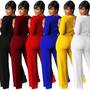 Fashion women's skin-friendly v-neck long-sleeved trousers Jumpsuit