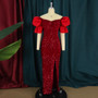 Plus Size Women v-Neck Puff Sleeve Sequined High Waist Slit Maxi Dress