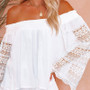 Women Vintage Blue and White Print Off Shoulder Bell Bottom Sleeve Top + Shorts Two-Piece Set