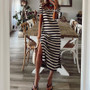 Summer Women Loose Striped Print Short Sleeve Slit Dress