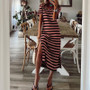 Summer Women Loose Striped Print Short Sleeve Slit Dress