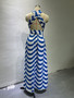 Women Summer Striped Halter Neck High Waist Slit Maxi Dress