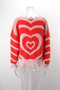 Women Heart Print V-Neck Ripped Fringe Long Sleeve Loose Sweater