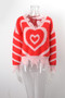 Women Heart Print V-Neck Ripped Fringe Long Sleeve Loose Sweater