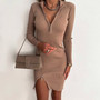 Fall/Winter Bodycon Women's Ribbed Sexy Slit V-Neck Dress