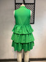 Plus Size Women Summer Solid Button Sleeveless Loose Layered Ruffles Dress