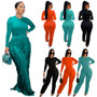 Women Casual Solid Color Long Sleeve Top + Tassel Pants Two-Piece Set