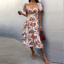 Women's Chic Career Floral Square Neck Sexy Slit Dress