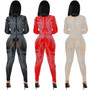 Fashion sexy nightclub mesh See-Through long-sleeved v-neck trousers Jumpsuit women