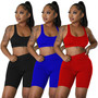 Sports women's solid color sports vest, long sleeves, shorts suit 3-piece set