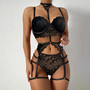 Sexy Garter Belt Three-Piece Lace See-Through Erotic Bikini Lingerie Set