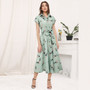 Summer Women's Art Retro Print Turndown Collar Lace-Up Mid Waist Dress