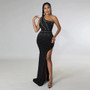 Trendy Sexy Slash Shoulder Slim Waist High Slit Open Back Bodycon Beaded Party Dress