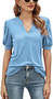 Women's Top Summer Casual V-Neck Solid Color Puff Sleeve Loose T-Shirt Women