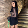 Round Neck Flare Long Sleeve Mesh Patchwork Contrast Sexy See-Through Women Bodycon Dress