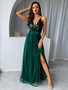 Women Clothes Summer Solid Sexy Strap Sequins Backless Slit Evening Dress