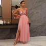 Women Clothes Summer Solid Sexy Strap Sequins Backless Slit Evening Dress