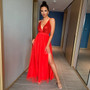 Women Clothes Summer Solid Sexy Strap Sequins Backless Slit Evening Dress