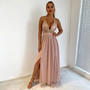 Women Clothes Summer Solid Sexy Strap Sequins Backless Slit Evening Dress