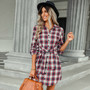 Women Fashion Plaid Lace-Up Shirt Dress