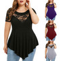 Womens Plus Size Floral Lace Short Sleeve Irregular See-Through Round Neck Women's Top