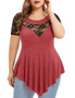 Womens Plus Size Floral Lace Short Sleeve Irregular See-Through Round Neck Women's Top