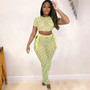 Women Clothes Fashion Casual Mesh Sexy Hollow Out See Through T-Shirt Long Skirt Two-Piece Set