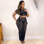 Women Clothes Fashion Casual Mesh Sexy Hollow Out See Through T-Shirt Long Skirt Two-Piece Set